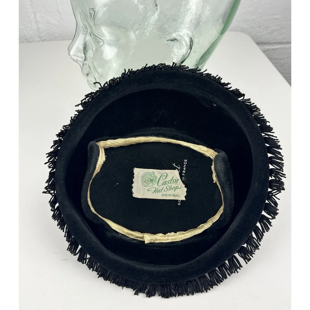 Black Velvet Cocktail Hat Headband Tassel Fringe Flechet France Vintage Evening